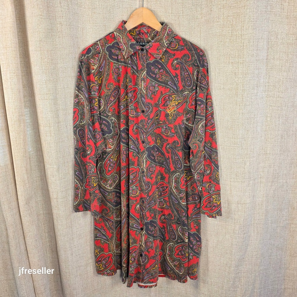 Lauren Ralph Lauren Women Red Paisley Night Shirt Button Front Logo 2X Sleepwear